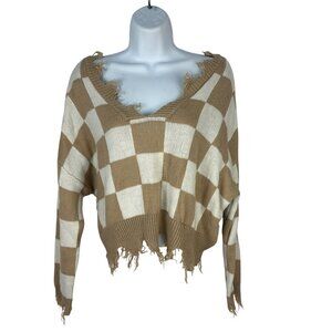 Distressed Tan & White Checkered Knit Sweater By Just Polly